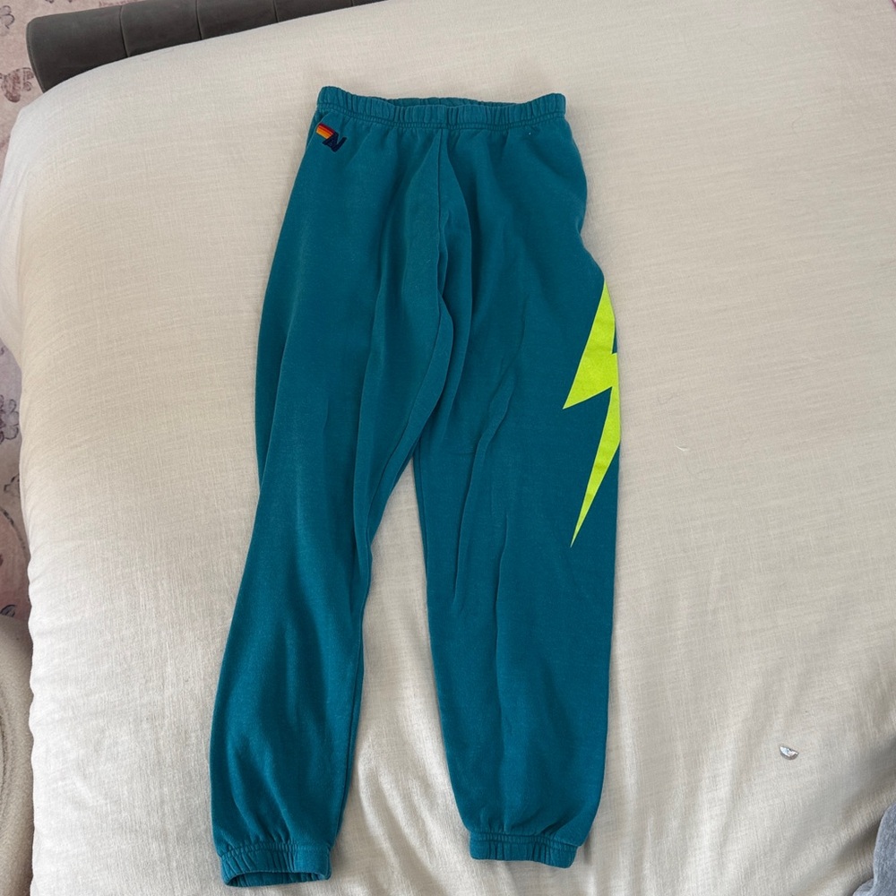 Aviator Nation Teal Joggers with Bright Yellow Bolt - Picture 2 of 5